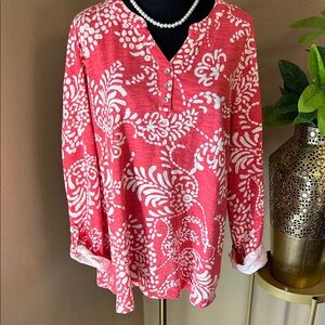 Chico's Coral and White Printed Henley Tunic Top 100% Cotton